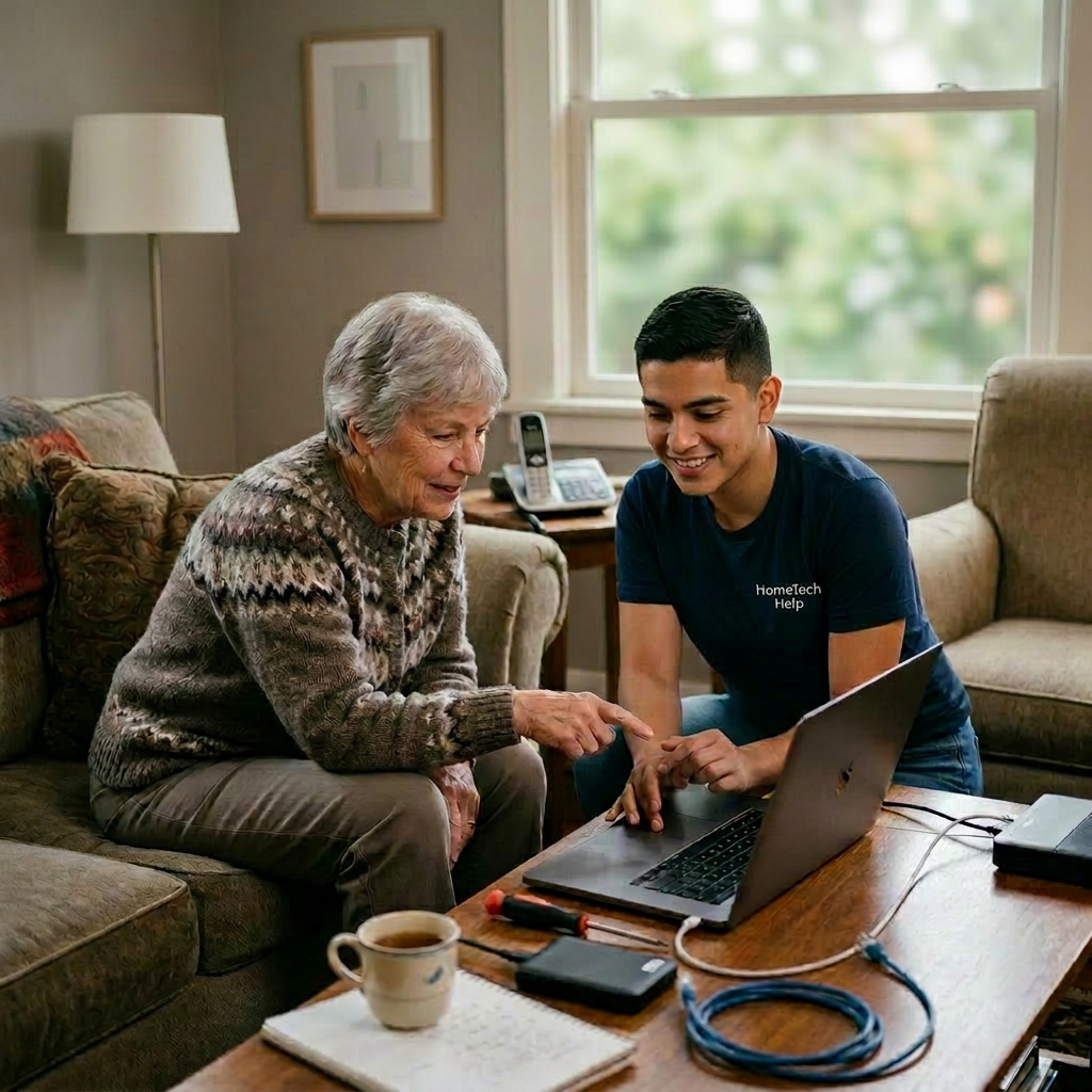 Young woman assisting elderly woman with laptop in home setting